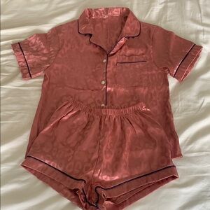 Silky Pink Leopard Pajama Set w/ Black Trim